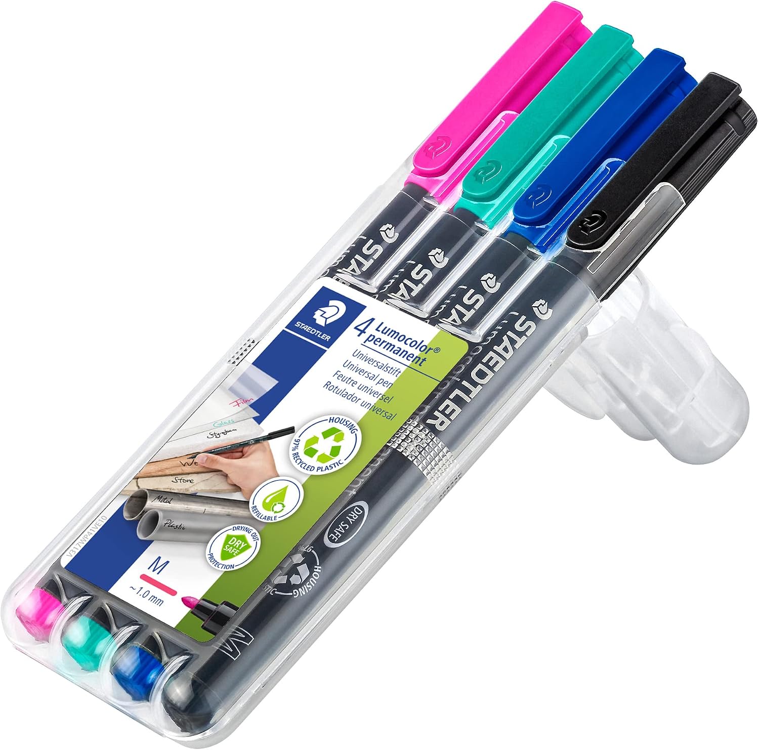 Detalle de Staedtler Lumocolor Permanent 317 – Étui Chevalet Box 4 feutres permanents, pointe moyenne 1 mm, assortis