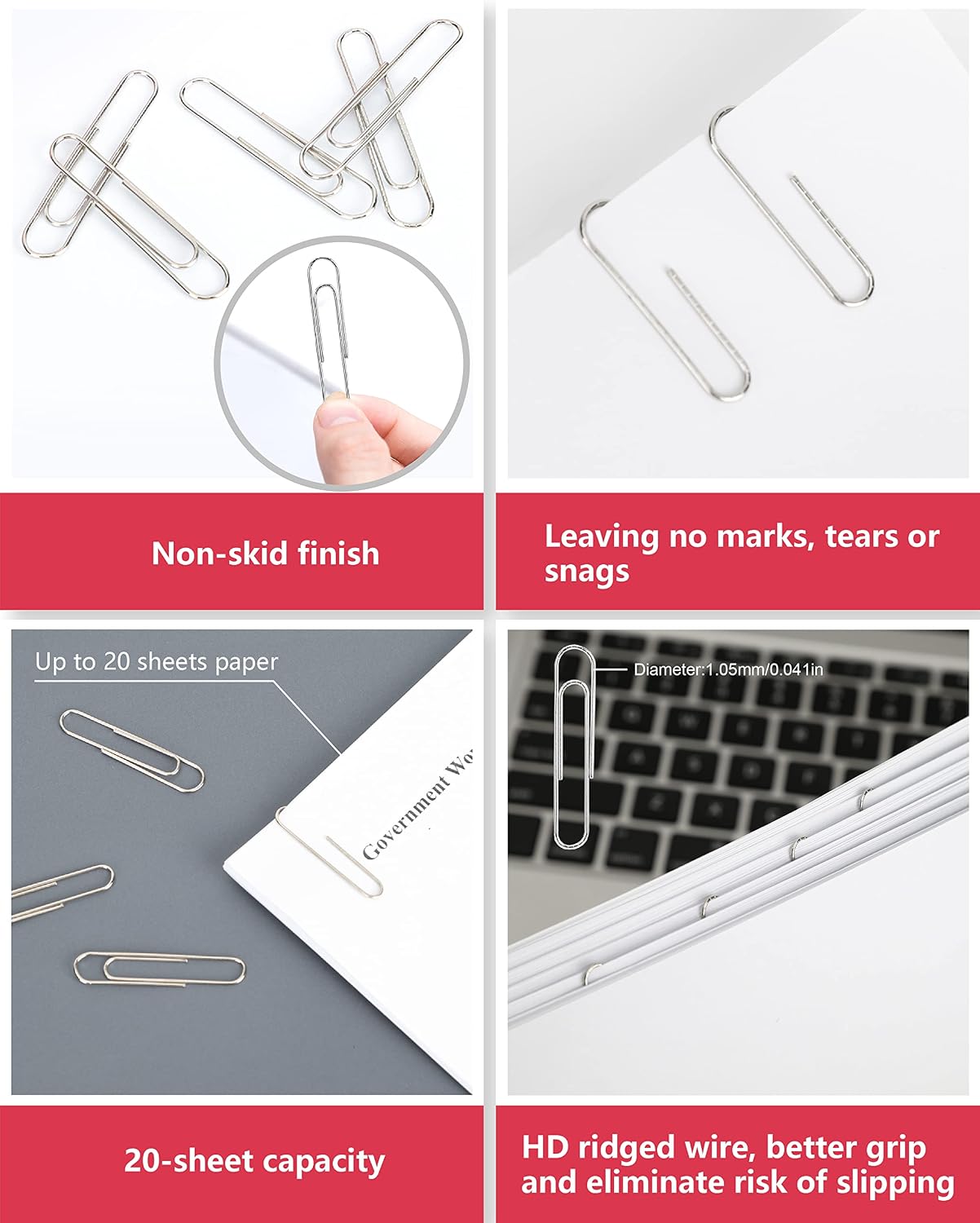 Detalle 2 de PAPERPAL Jumbo Non-Skid Paper Clips, 2-Inch Silver, 300 Count