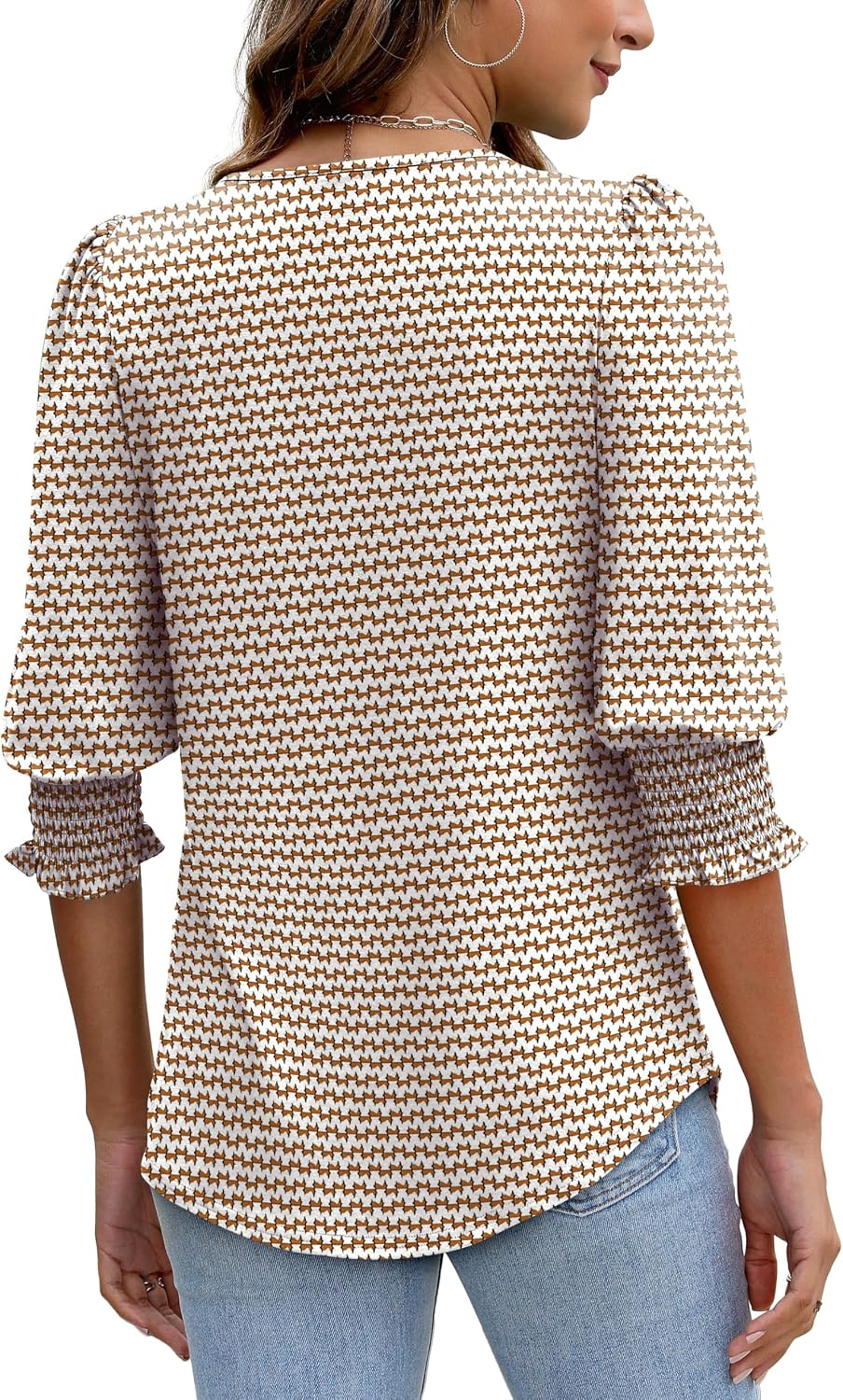 Detalle de Aokosor womens 3/4 sleeve tops – crew neck puff sleeve tunic with curved hem