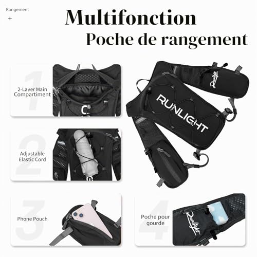 Detalle 2 de Runlight Gilet de course avec bouteille d’eau 1500 ml – gilet hydratation léger et ajustable (noir, taille unique)