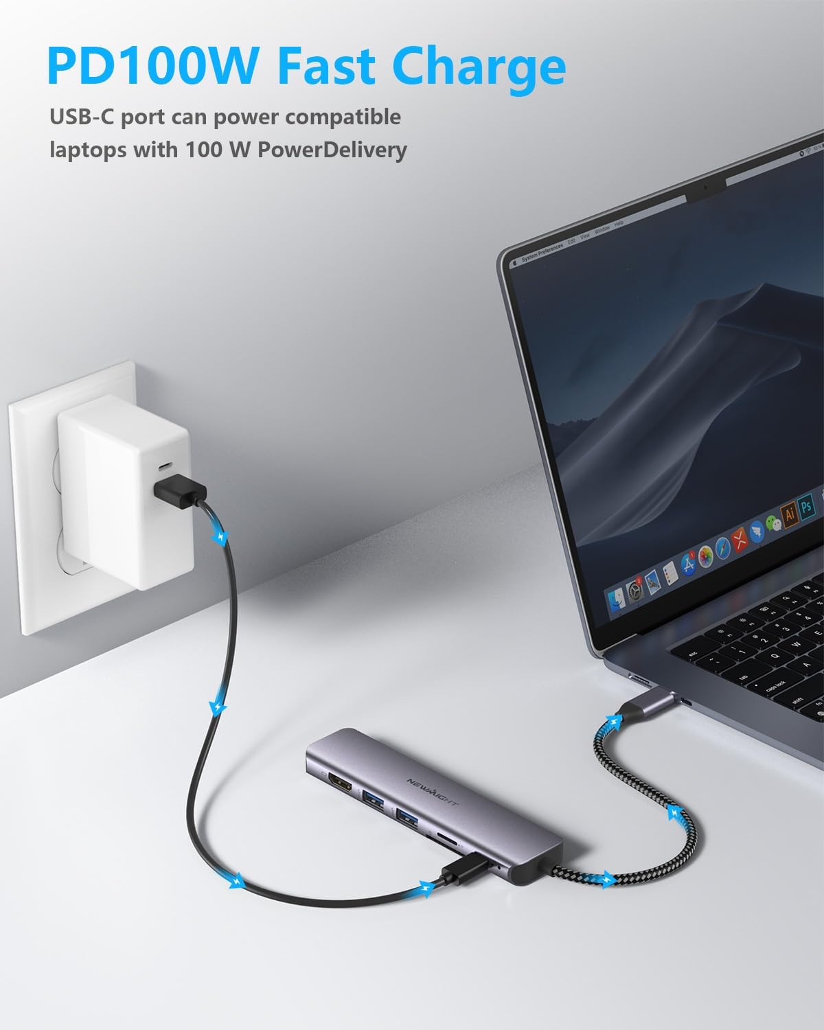 Detalle de Newmight Hub USB-C 7 en 1 avec HDMI 4K 30 Hz, Ethernet 1 Gbit/s, PD 100 W et lecteur SD/TF