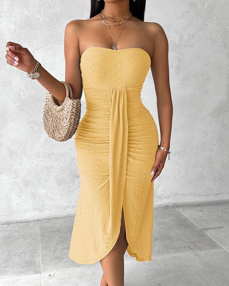 Thumbnail 3 de CHICME Women's Strapless Maxi Bodycon Dress with Wrap Asymmetrical Hem