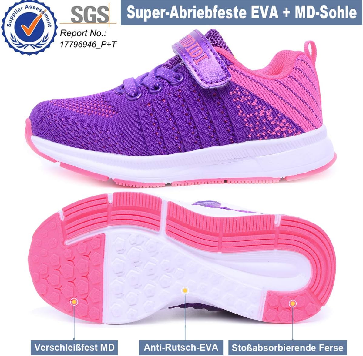 Detalle 2 de Mitudidi Kinder-Sneaker in Lila (EU 31) – leichte, atmungsaktive Sportschuhe für Schule, Halle & draußen