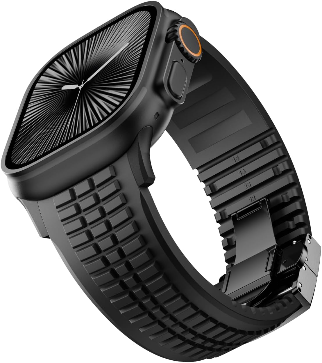 Detalle de VKEOO modern silicone watch band for iWatch Ultra 2 / Ultra & Series 10–7 (44mm–49mm) with folding buckle