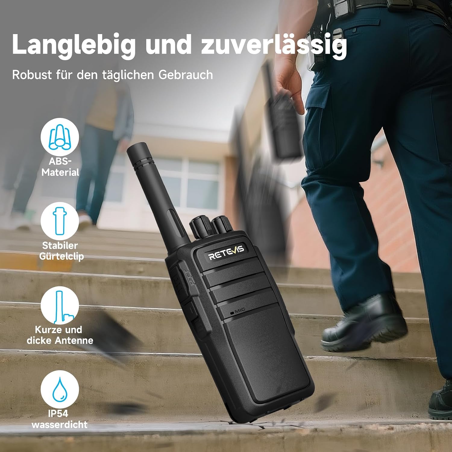 Detalle de Retevis RT21 Handheld Walkie-Talkies (16C/16CH) mit CTCSS/DCS, VOX und Notfallfunktionen – 4er-Set Schwarz