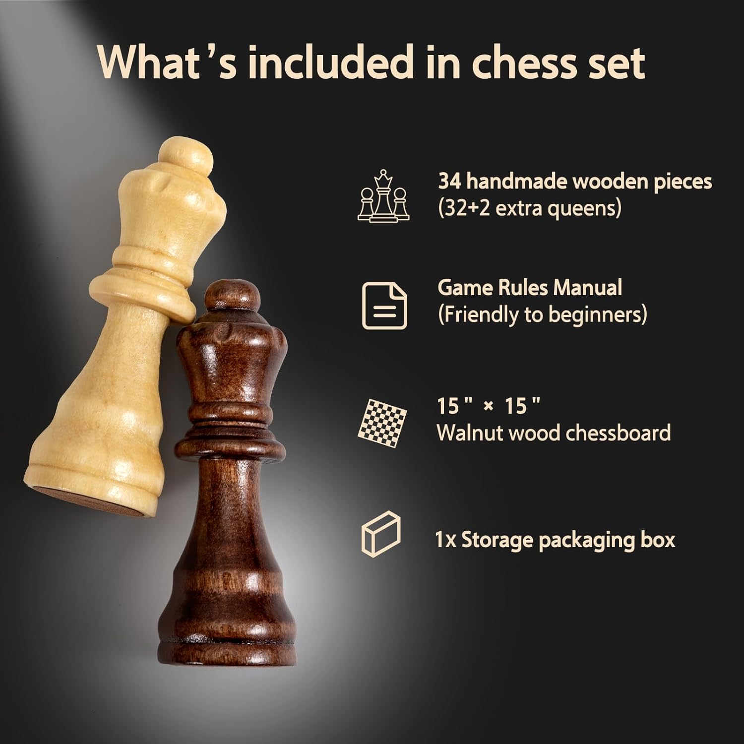 Thumbnail 3 de Chess Set Board Games for Adults: Handmade Walnut 15-Inch Folding Travel Chess with 2 Extra Queens