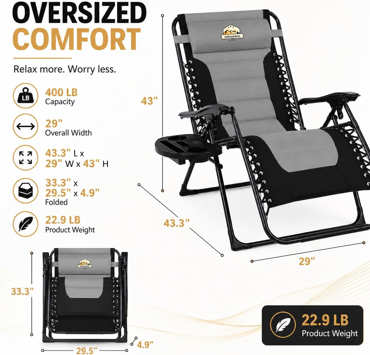 Detalle de Colegence 53d6d956-dce4-4659-a08f-d30379ab0d19 Zero Gravity Chair, 29-Inch Wide