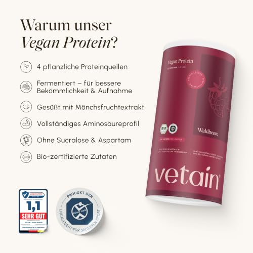 Detalle de VETAIN Veganes Proteinpulver Beere – 20 g Eiweiß, 100% Bio & fermentiert
