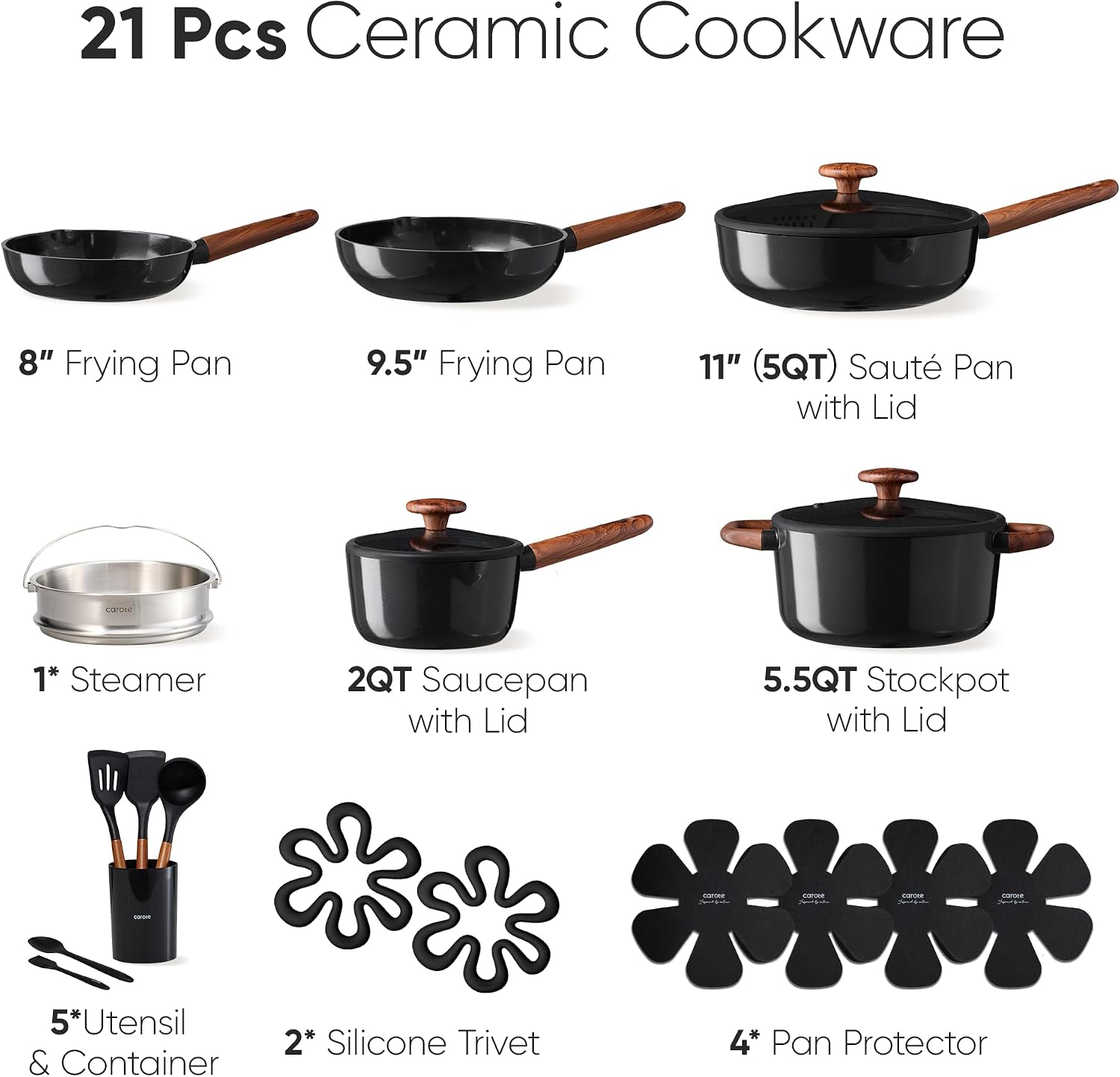 Detalle de CAROTE Ceramic Cookware Set, 21-Piece