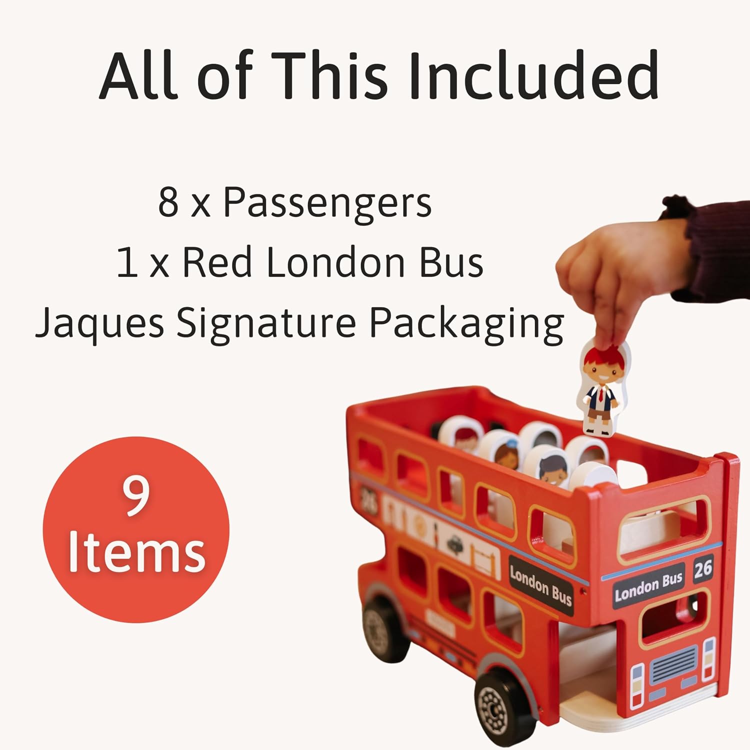 Thumbnail 2 de Jaques of London red double decker bus toy for 2 year olds (wooden wheels-on-the-bus style)