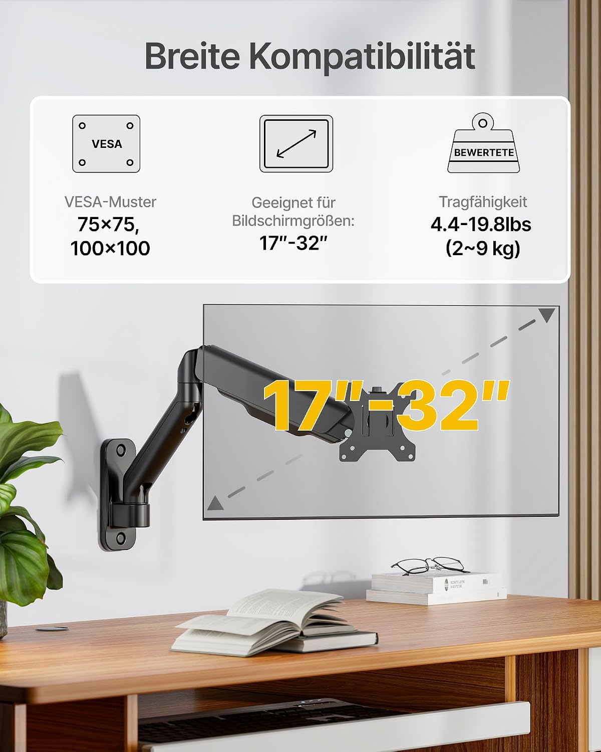 Detalle de monTEK Monitor Wandhalterung 17–32 Zoll | VESA 75/100 mm, Tragkraft bis 9 kg, schwenk- und neigbar