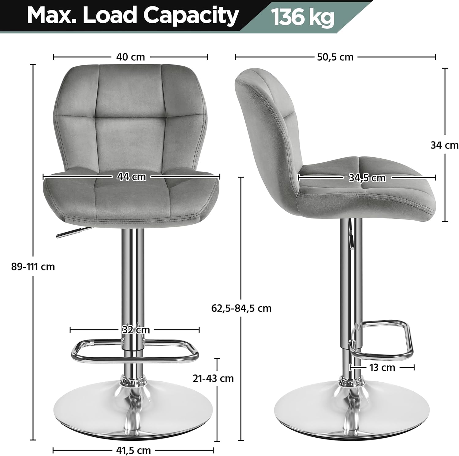 Detalle de Yaheetech Taburete de Bar Ajustable 89-111 cm