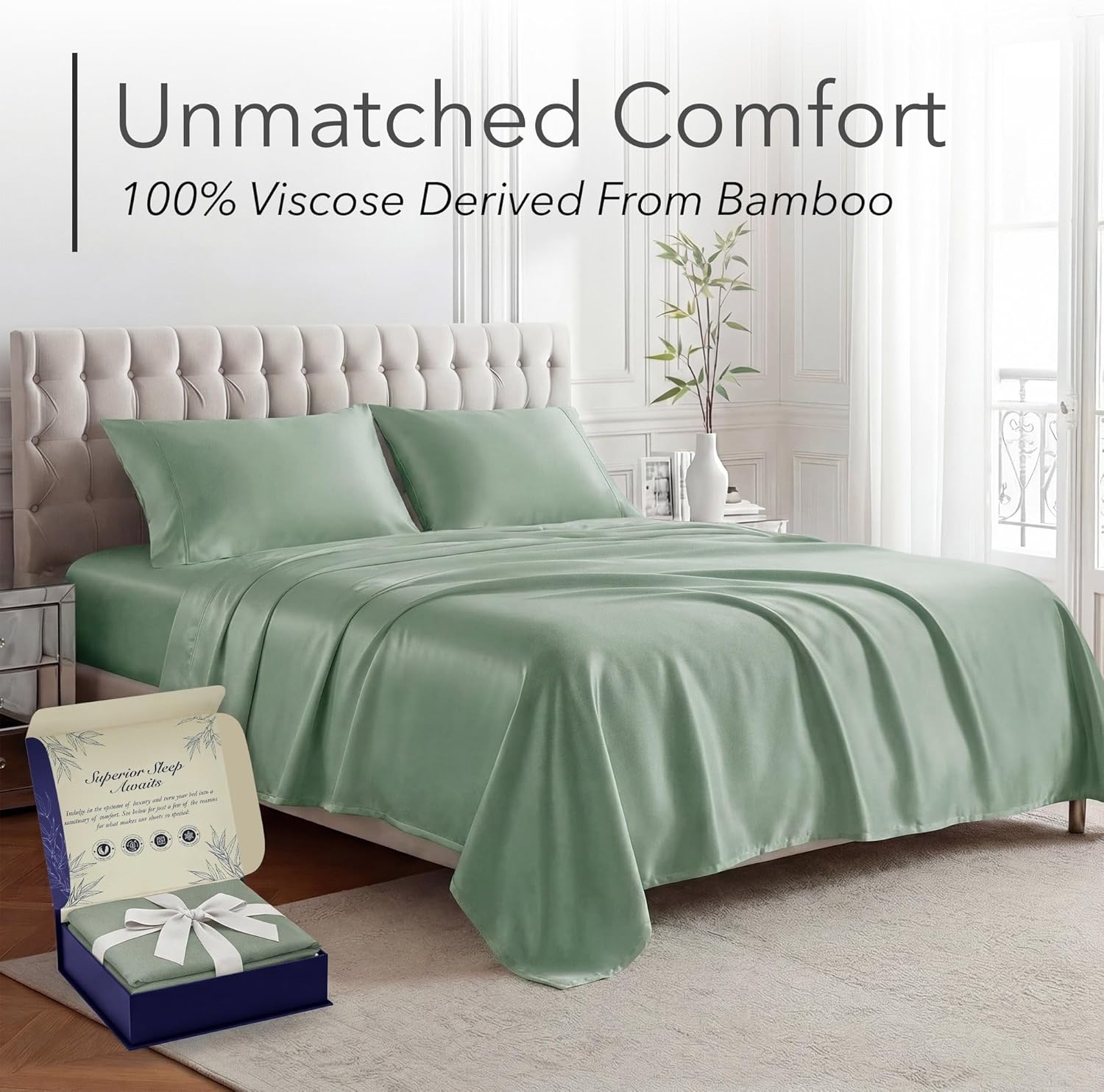 Thumbnail 1 de DECOLURE 100% Viscose Derived from Bamboo King Size Sheets (4-Piece) — Deep 17" Pockets, Sage Green