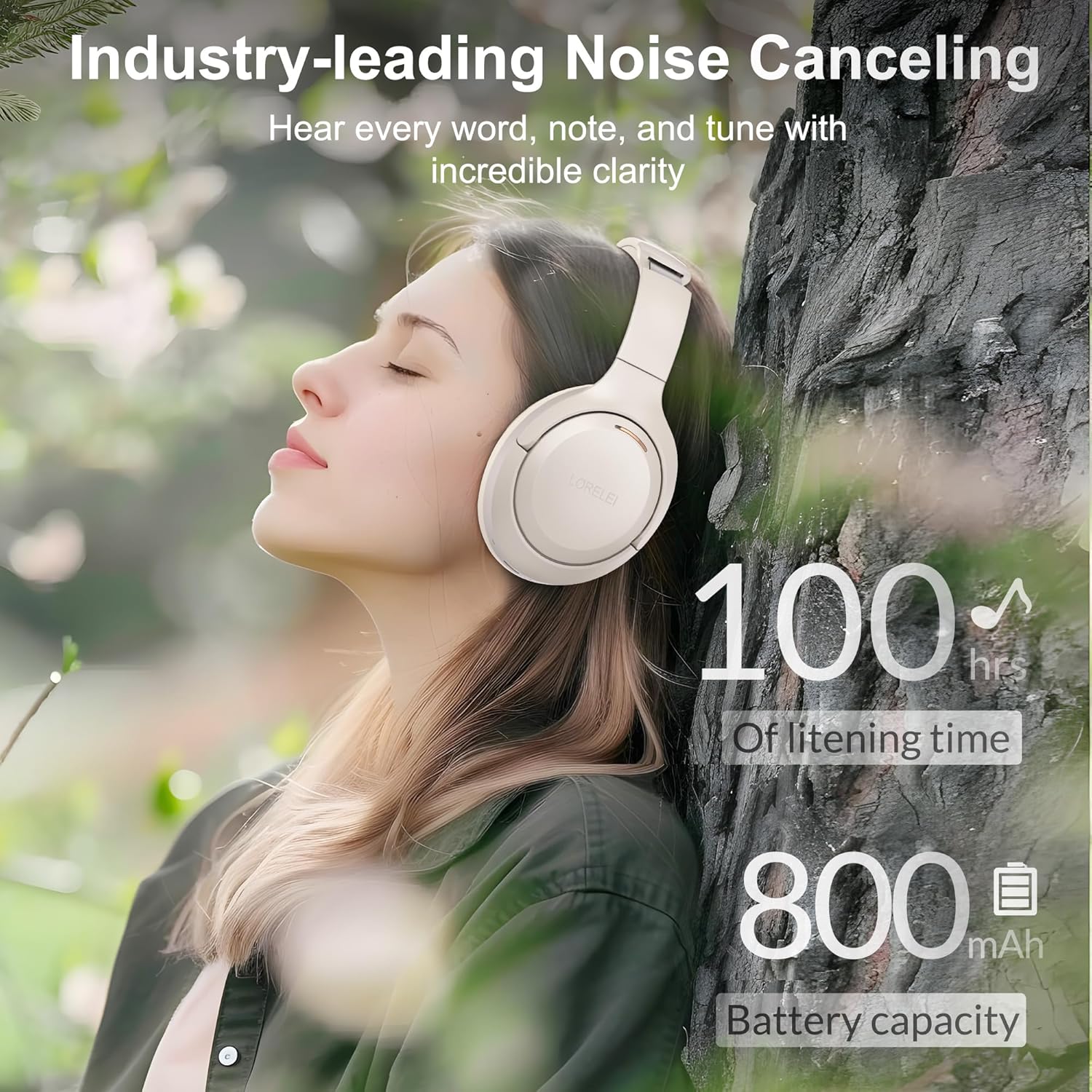 Detalle de LORELEI QC60 Hybrid Active Noise Cancelling Kopfhörer – Kabellos, 60 Stunden Laufzeit, Beige/Weiß