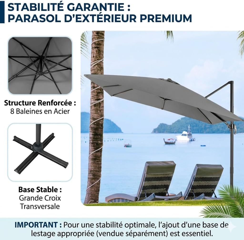 Thumbnail 2 de GOPLUS Parasol de Jardin Déporté 3x3 m – Toile inclinable, rotation 360°, gris