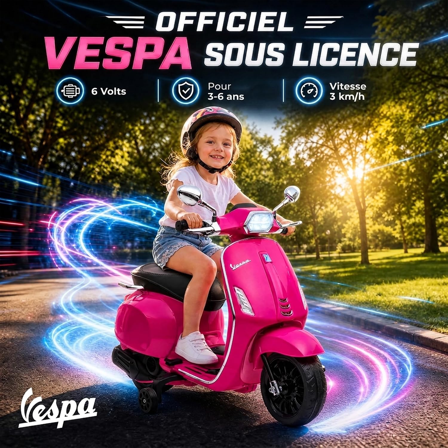 Detalle de AIYAPLAY 370-320V90DG Vespa-kinderstep, 6 V, roze, met FM-radio en USB