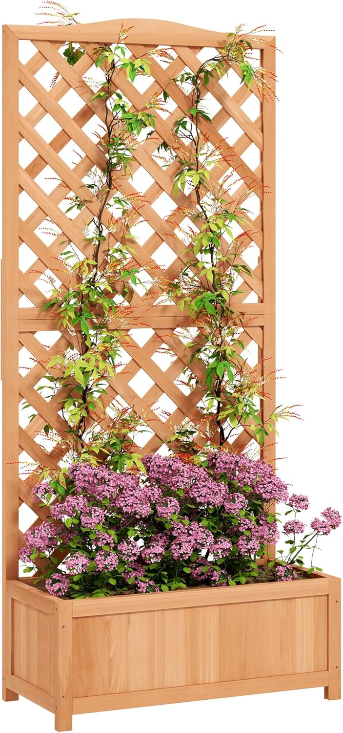 Outsunny Jardinière sur pieds avec treillis en sapin pré-huilé – 76L x 36l x 170H cm, fond à lattes