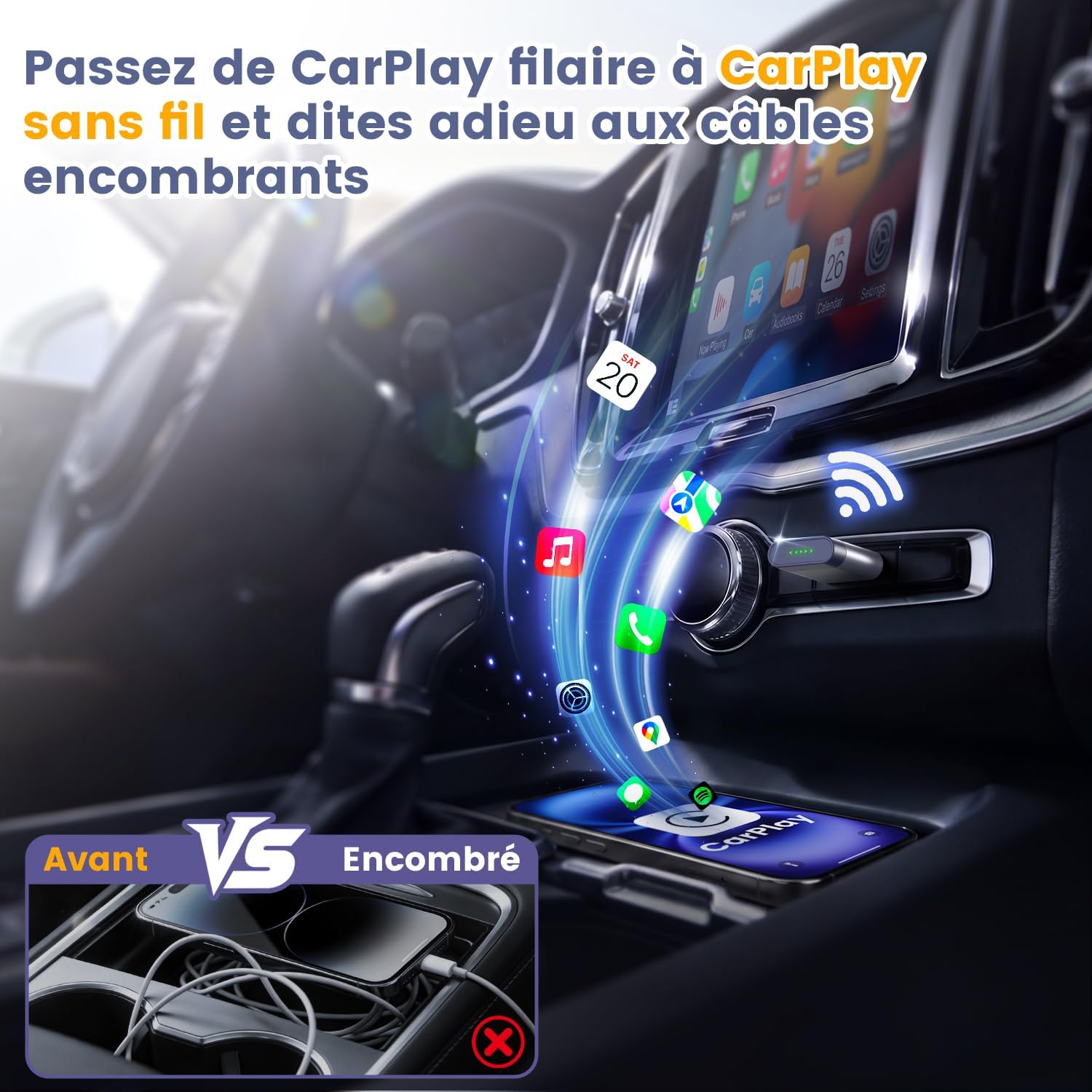 Detalle de Mini Adaptateur CarPlay sans Fil pour Apple/Android Auto – Connexion rapide, sans latence et sans surchauffe