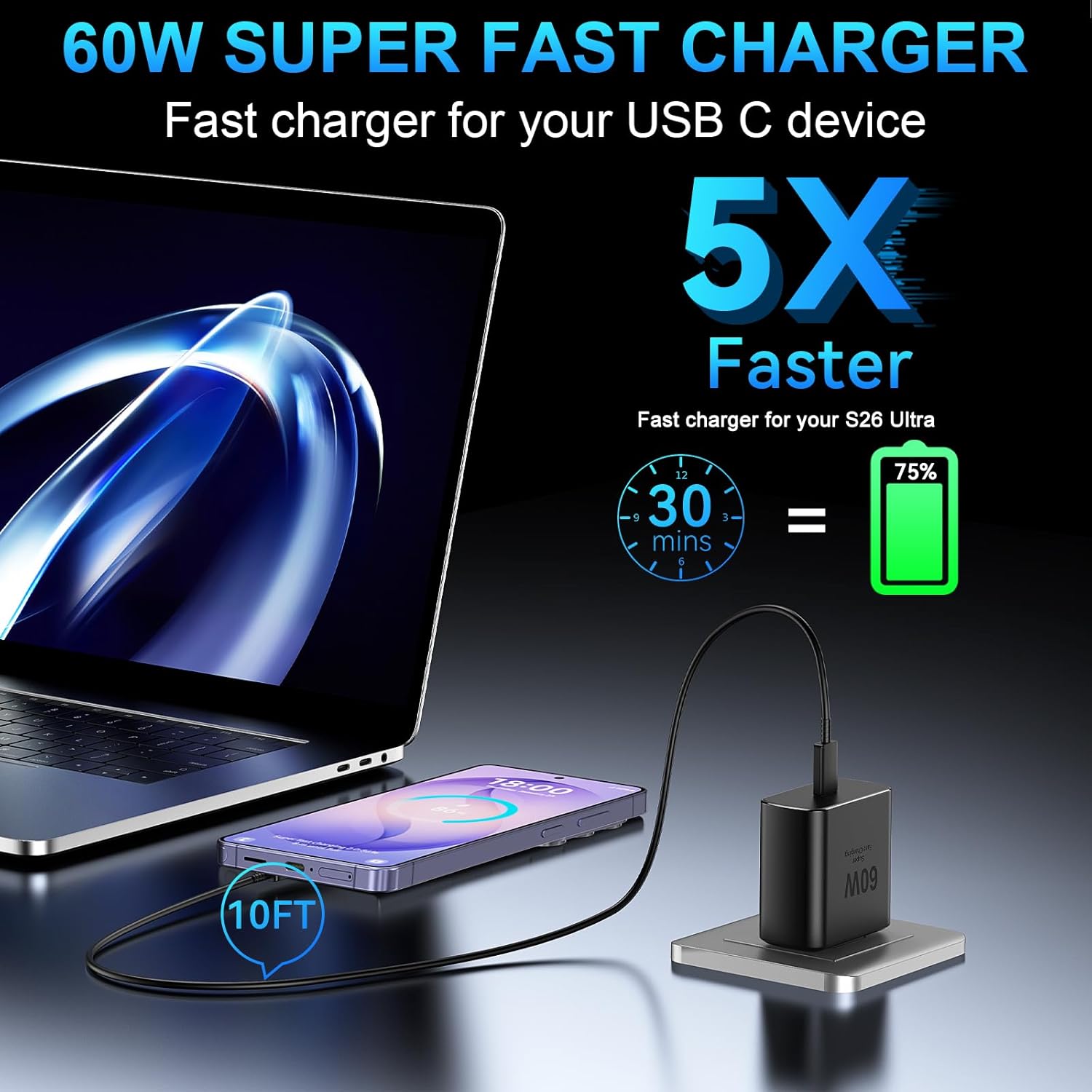 Detalle de 60W Super Fast Charger USB C with 10ft Cable for Samsung Galaxy S22-S26 Series