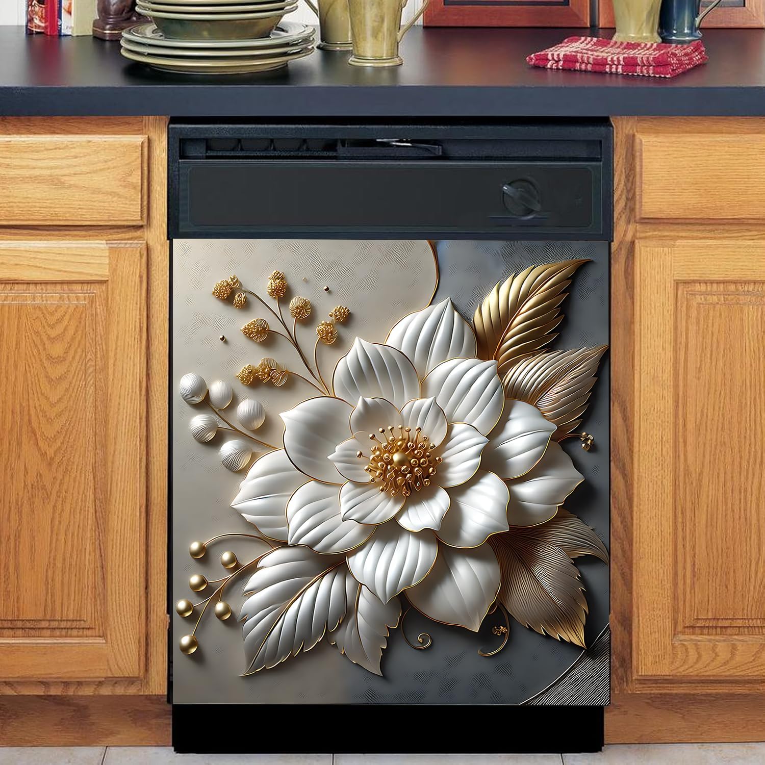 Detalle de BVBOX MAI-X01176-2M Dishwasher Magnet Cover, 23"x26" Vinyl, Metal Embossed Flowers