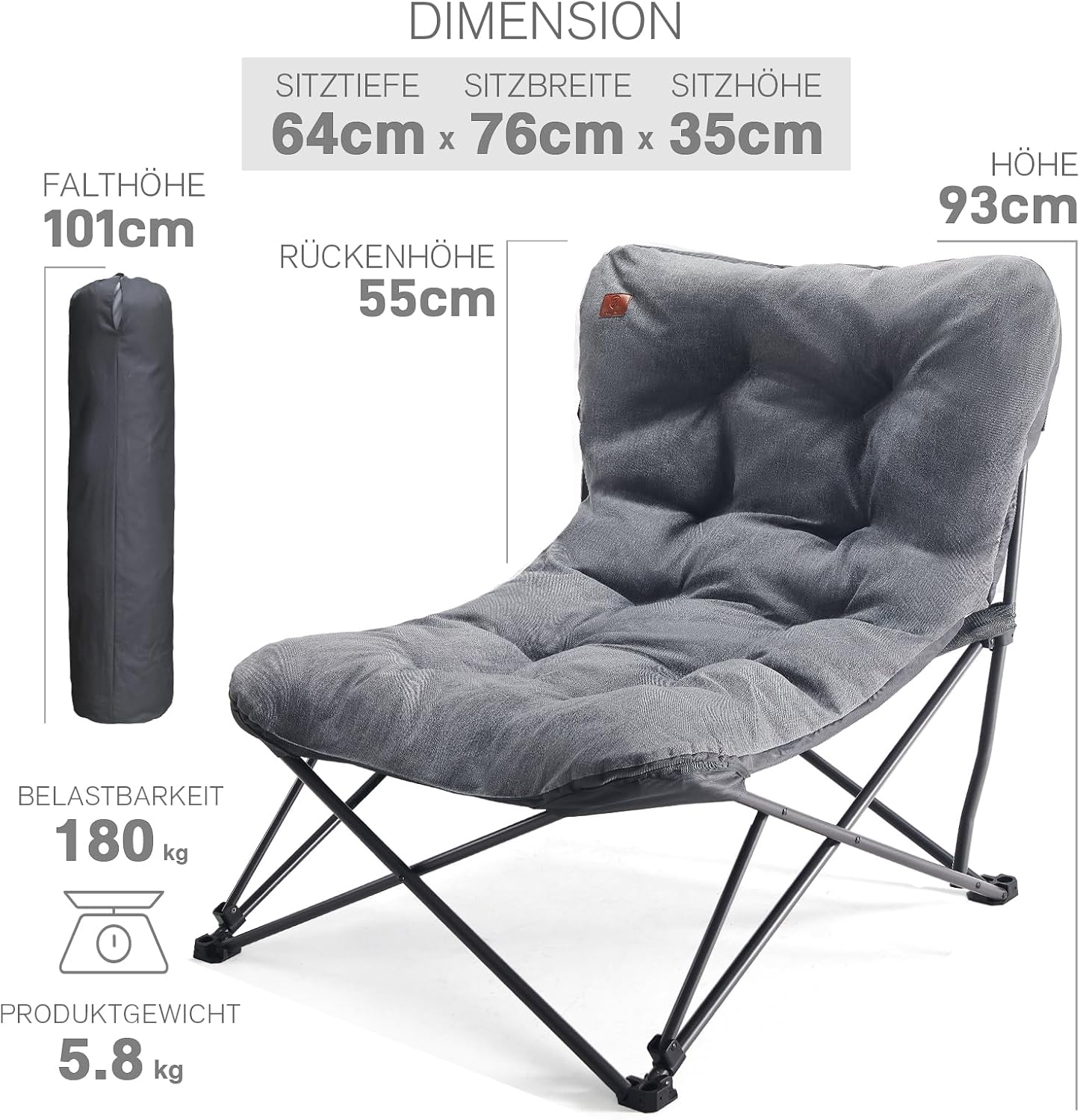 Detalle de EVER ADVANCED Luxus Campingstuhl XXL – Faltbar, 180 kg Tragkraft, Hochlehne, gepolstert