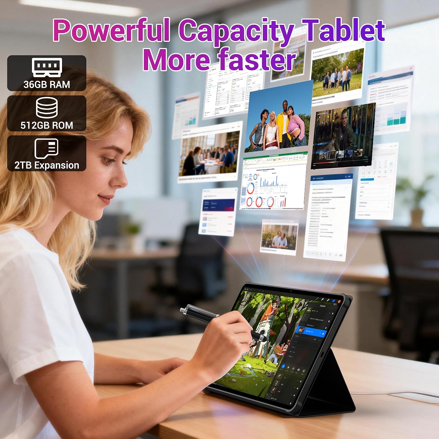 Detalle de PIXGOOD 3K 13-Zoll Tablet mit Android 15, 36 GB RAM, 512 GB ROM, 2 TB Erweiterung – 4G LTE, WLAN, GPS, Quad-Lautsprecher