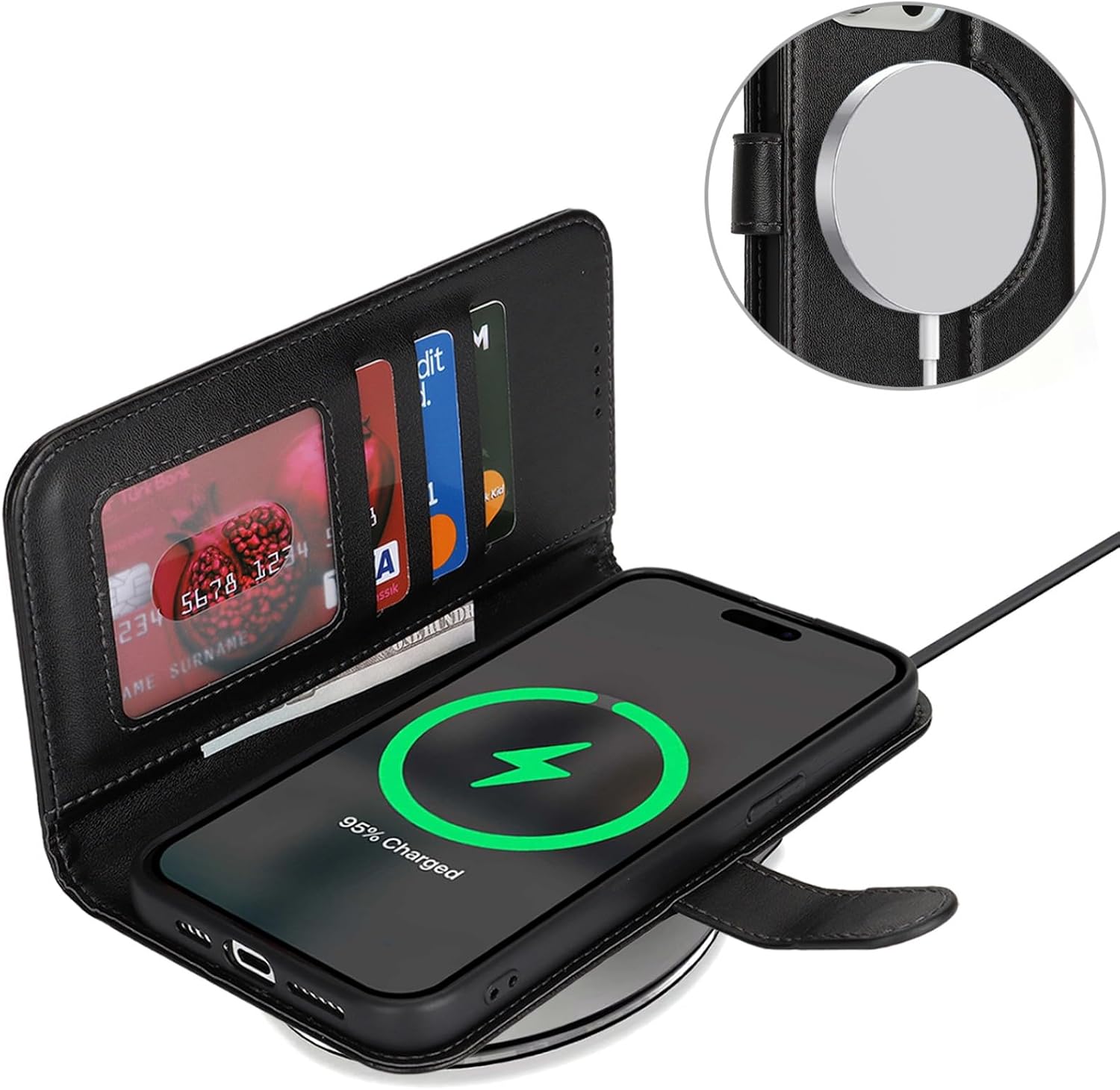 Detalle de Zouzt Case for iPhone 15 Pro (6.1) – Magnetic PU Leather Wallet with Card Holders, Kickstand and MagSafe Compatibility