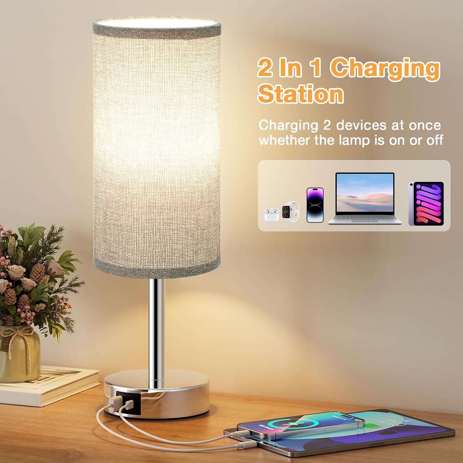 Thumbnail 2 de PreeOtti Grey Bedside Lamp with 3-Way Dimmable Touch Control and Dual USB Ports