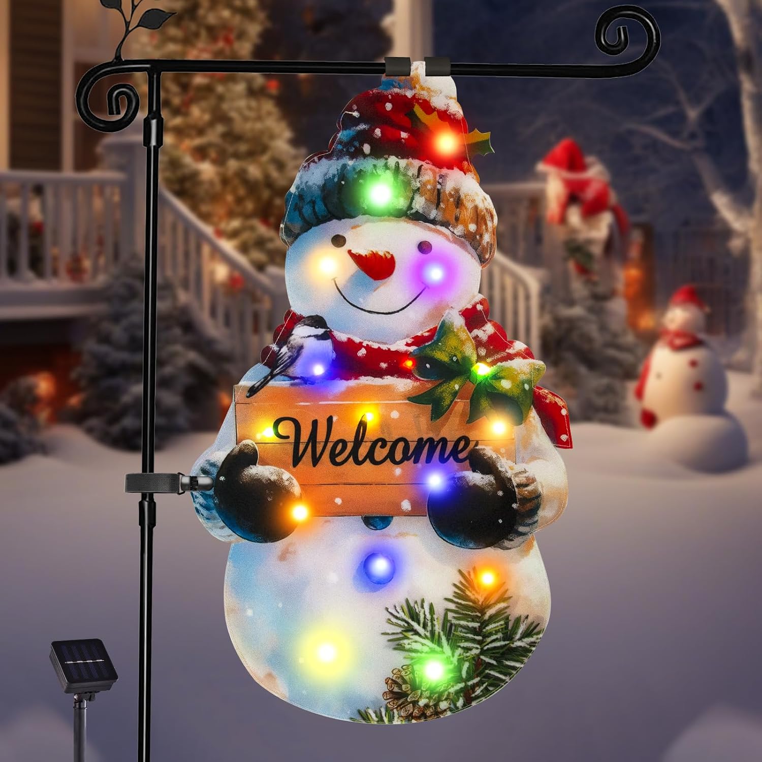 Detalle de amadecohome 1 Lighted Christmas Snowman Garden Flag, 12 x 18, Solar LED