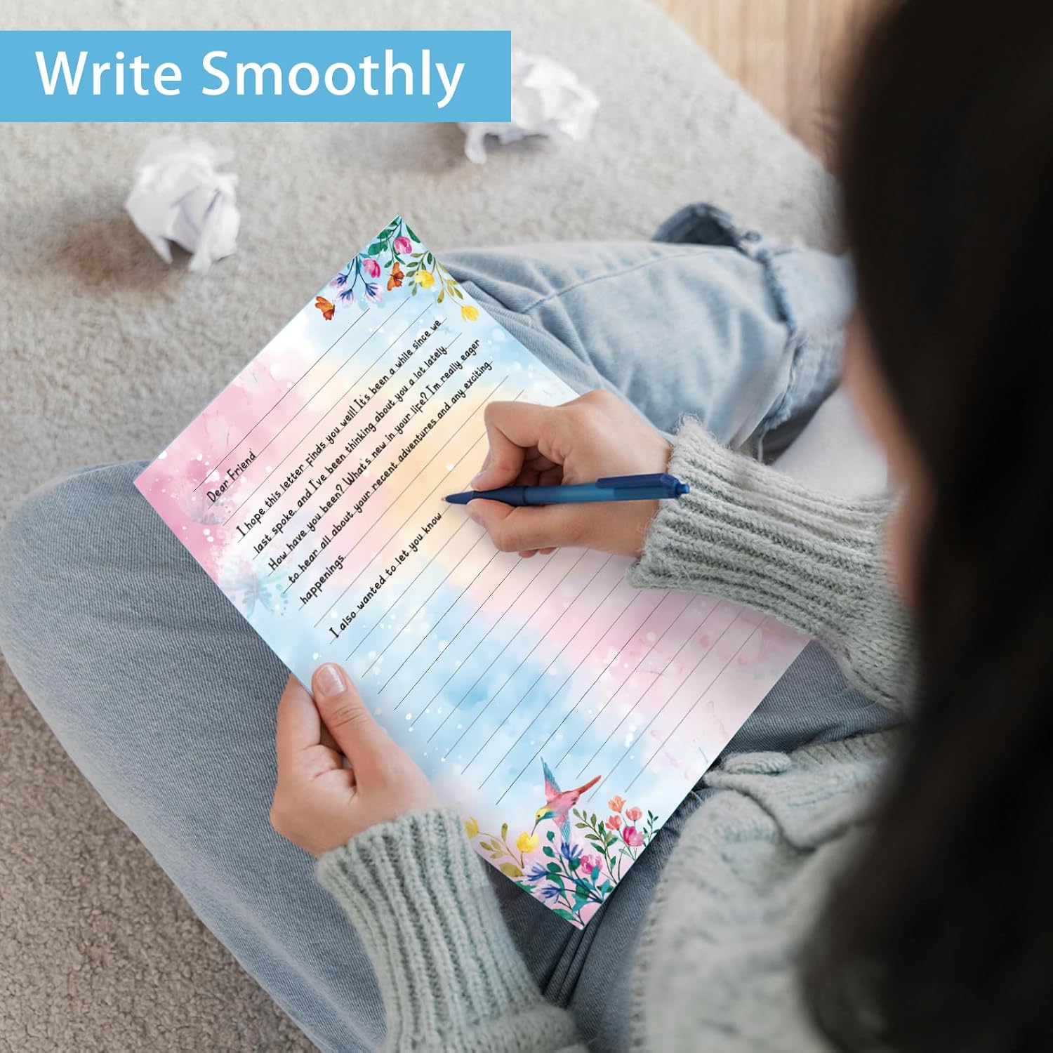 Thumbnail 1 de Set di cancelleria e buste A4 con carta da lettere a righe “motivo floreale e uccellino” – 48 fogli + 24 buste
