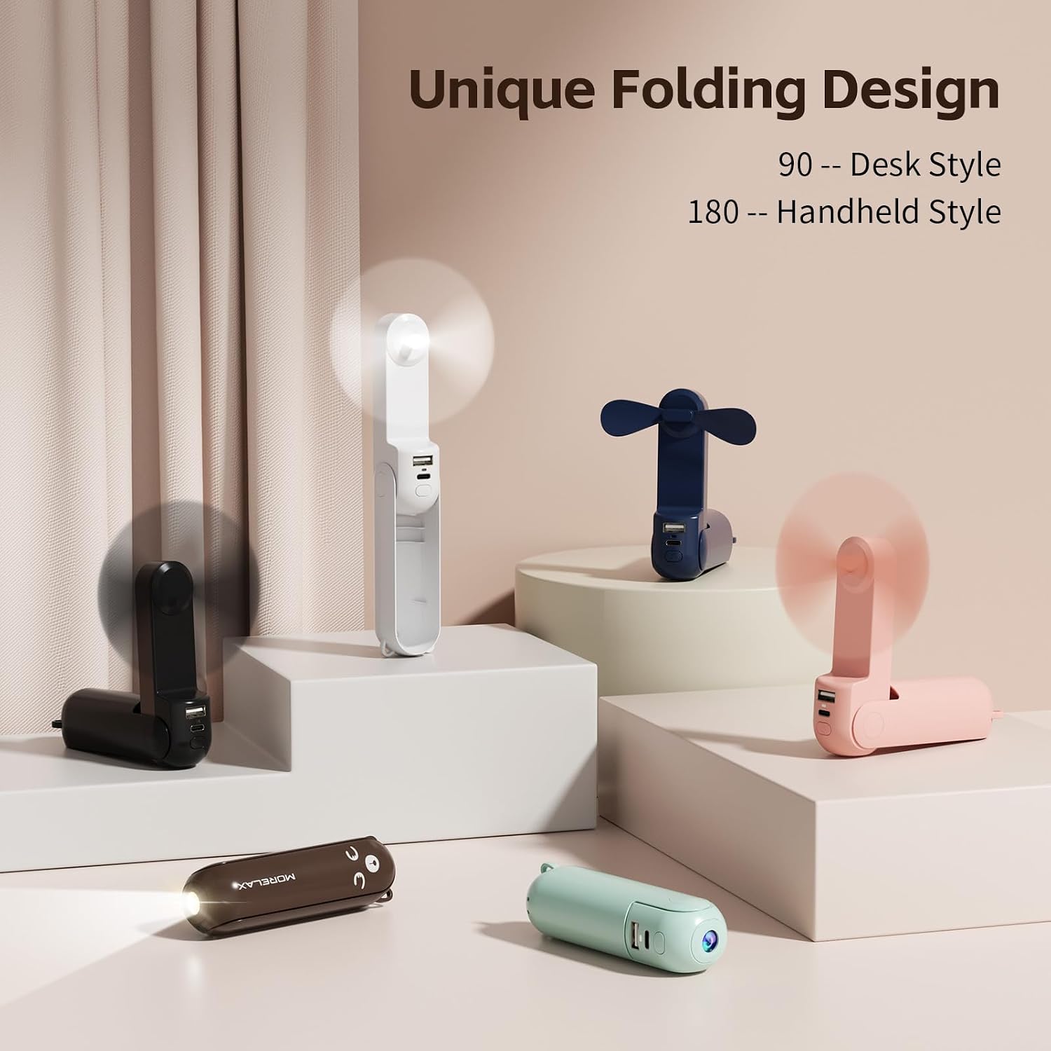 Thumbnail 2 de Morelax Portable Handheld Fan: 3-in-1 USB Rechargeable Mini with LED Torch & Emergency Power Bank