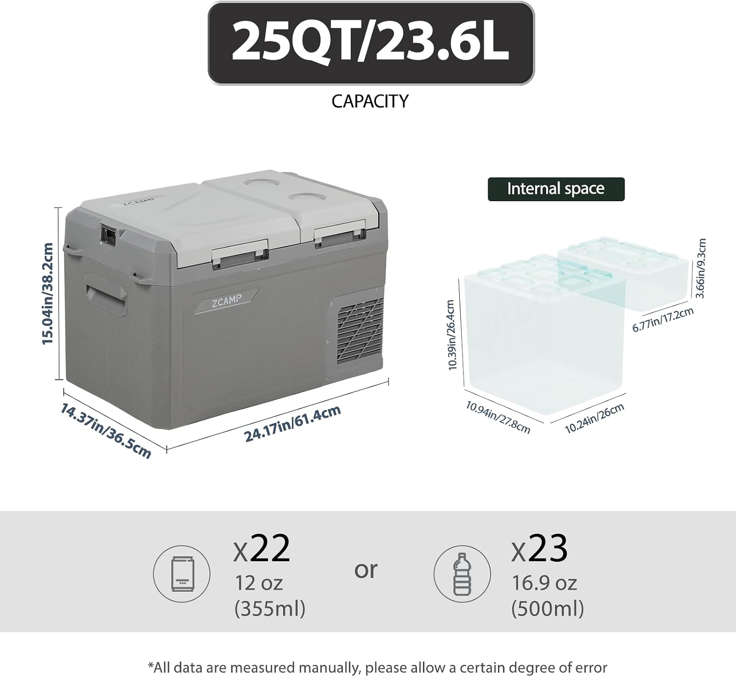 Detalle 2 de zcamp GES35 Portable Freezer, 25QT Dual-Zone 12V Car Refrigerator