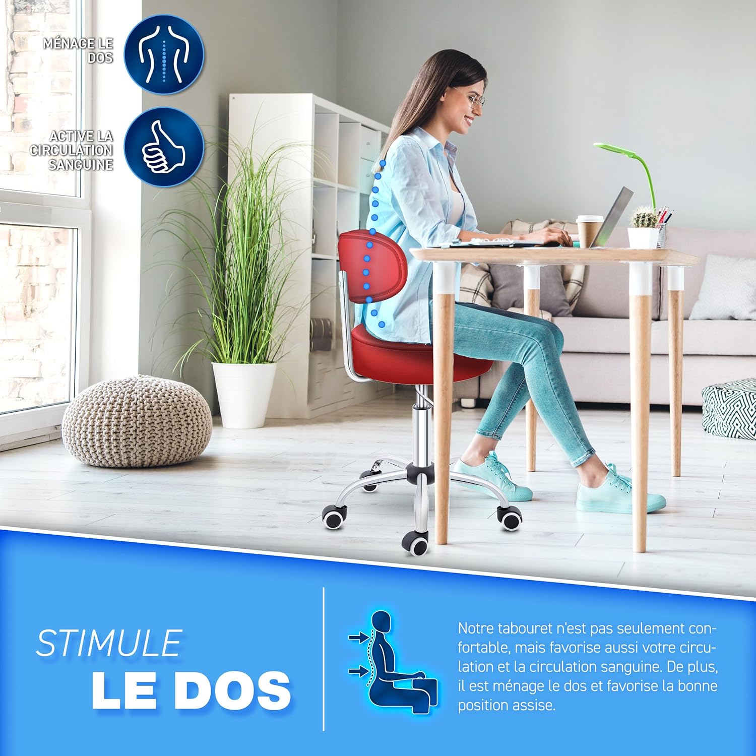 Thumbnail 6 de TRESKO tabouret de travail avec dossier ergonomique et piètement chromé (hauteur 47 à 60 cm)