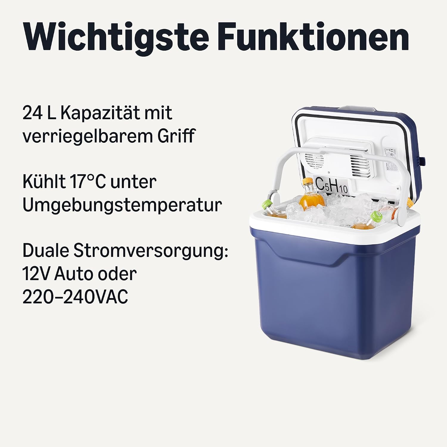 Detalle 2 de Amazon Basics Elektrische Kühlbox mit Kühl- & Wärmefunktion (12 V/230 V), 24 Liter, Blau