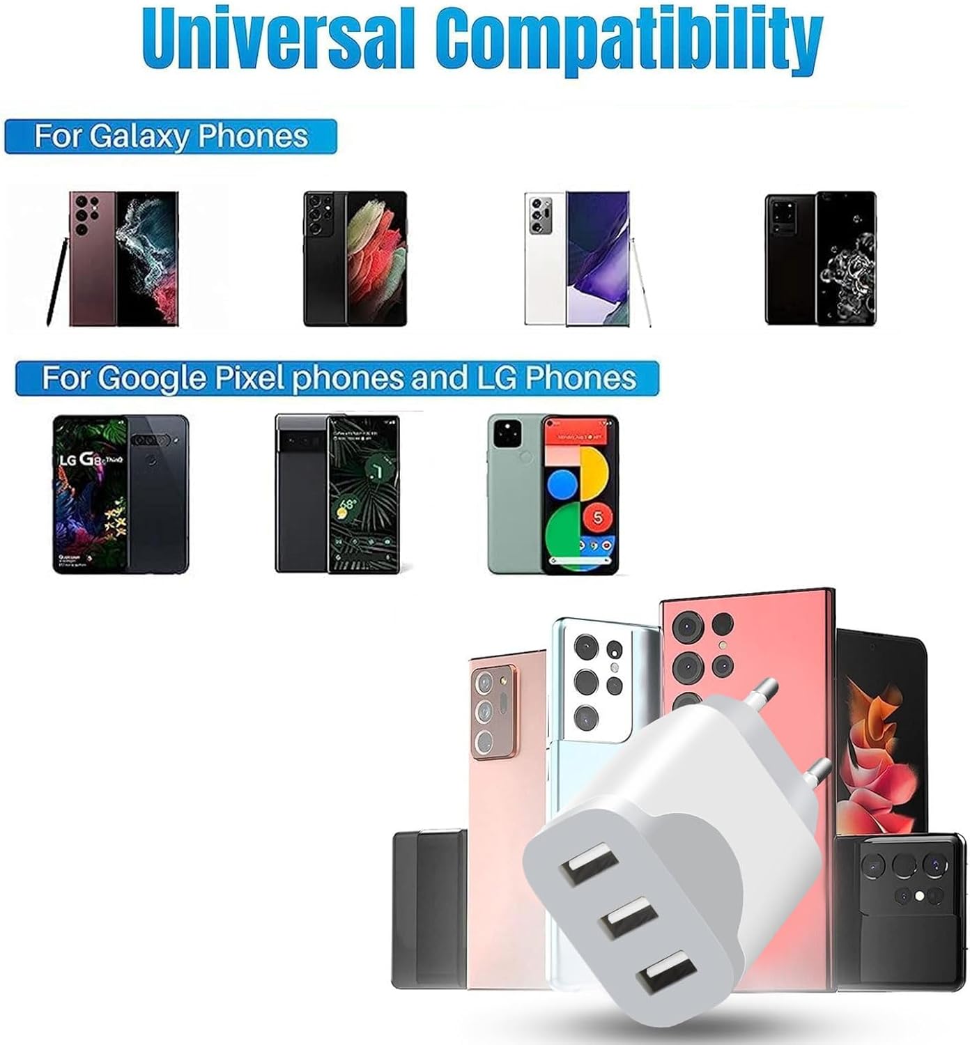 Detalle 2 de Caricatore USB 2Pack a 3 Porte: ricarica rapida e compatibilità universale per iPhone, Galaxy e altro