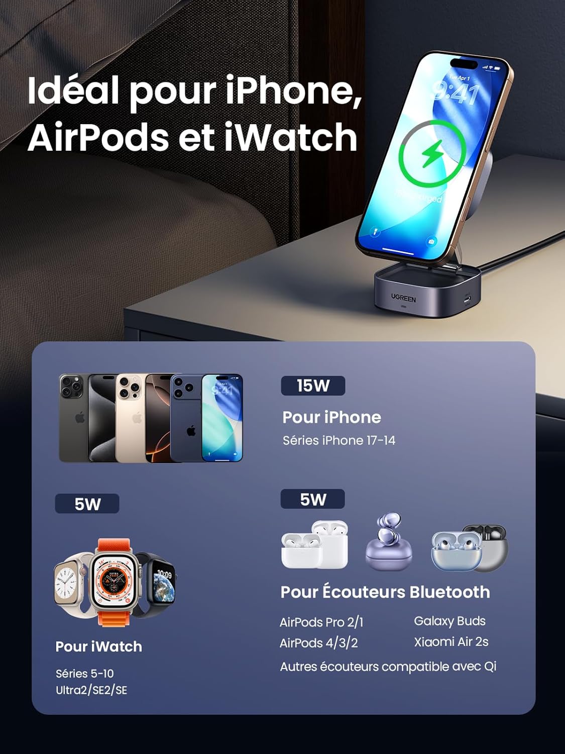 Detalle de UGREEN MagFlow Qi2 15W Chargeur Induction 2 en 1 – MagSafe et AirPods, pliable et ajustable