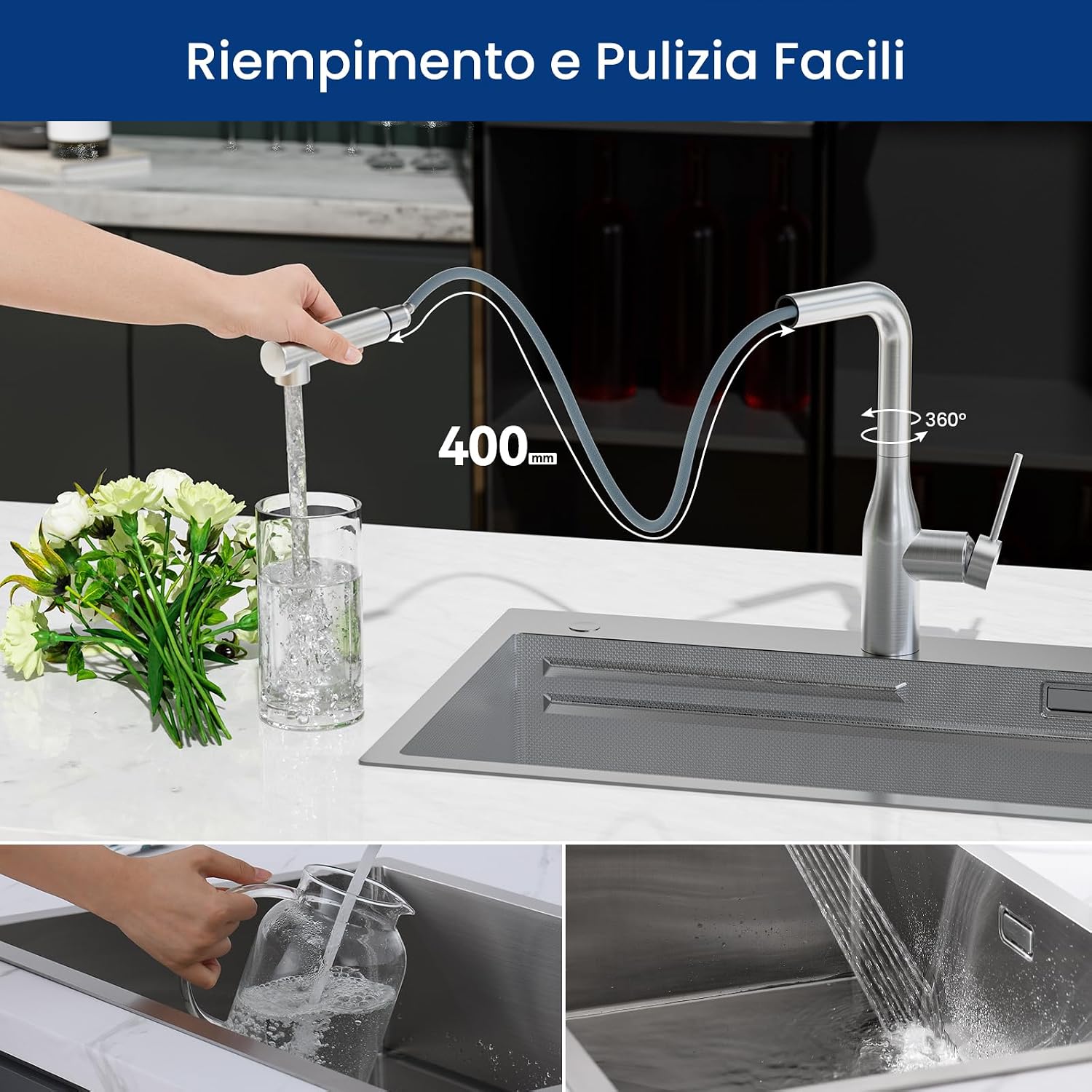 Detalle de CECIPA Rubinetto Lavello Cucina con Doccetta Estraibile e Bocca 360° in Acciaio Inox Spazzolato