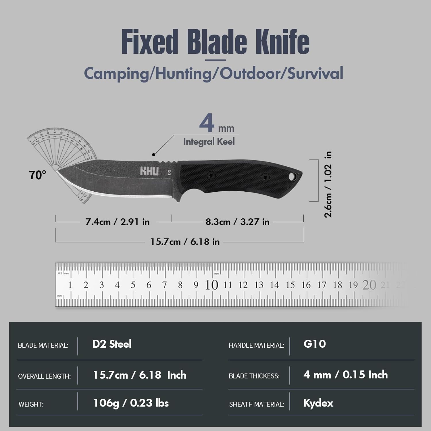 Thumbnail 1 de KHU Coltello a lama fissa EDC per outdoor | D2 steel, manico G10 e fodero Kydex con clip regolabile