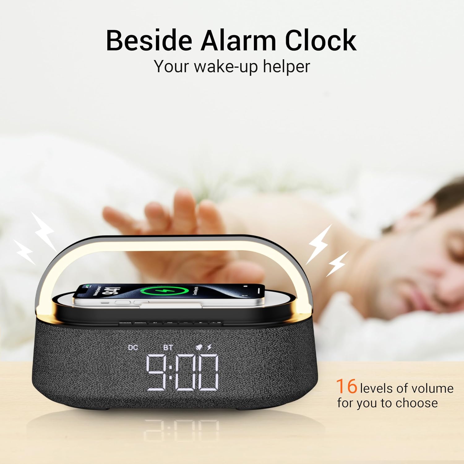 Detalle 2 de FREEFISH Bluetooth Speaker with Wireless Charger – 15W Quick Charge, FM Radio, Dual Speakers & Adjustable LED Night Light