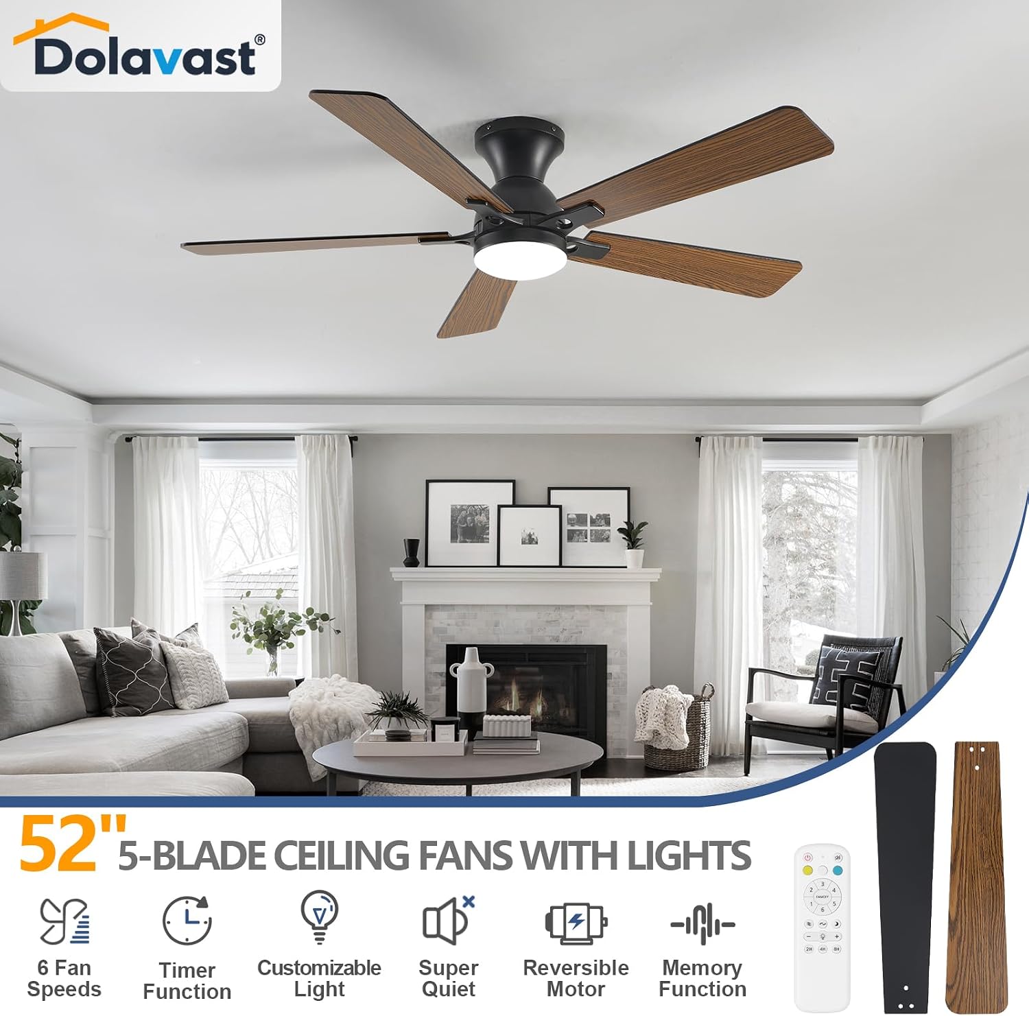Detalle de Dolavast 52-Inch Low Profile Ceiling Fan with Light, Remote Control & Reversible DC Motor