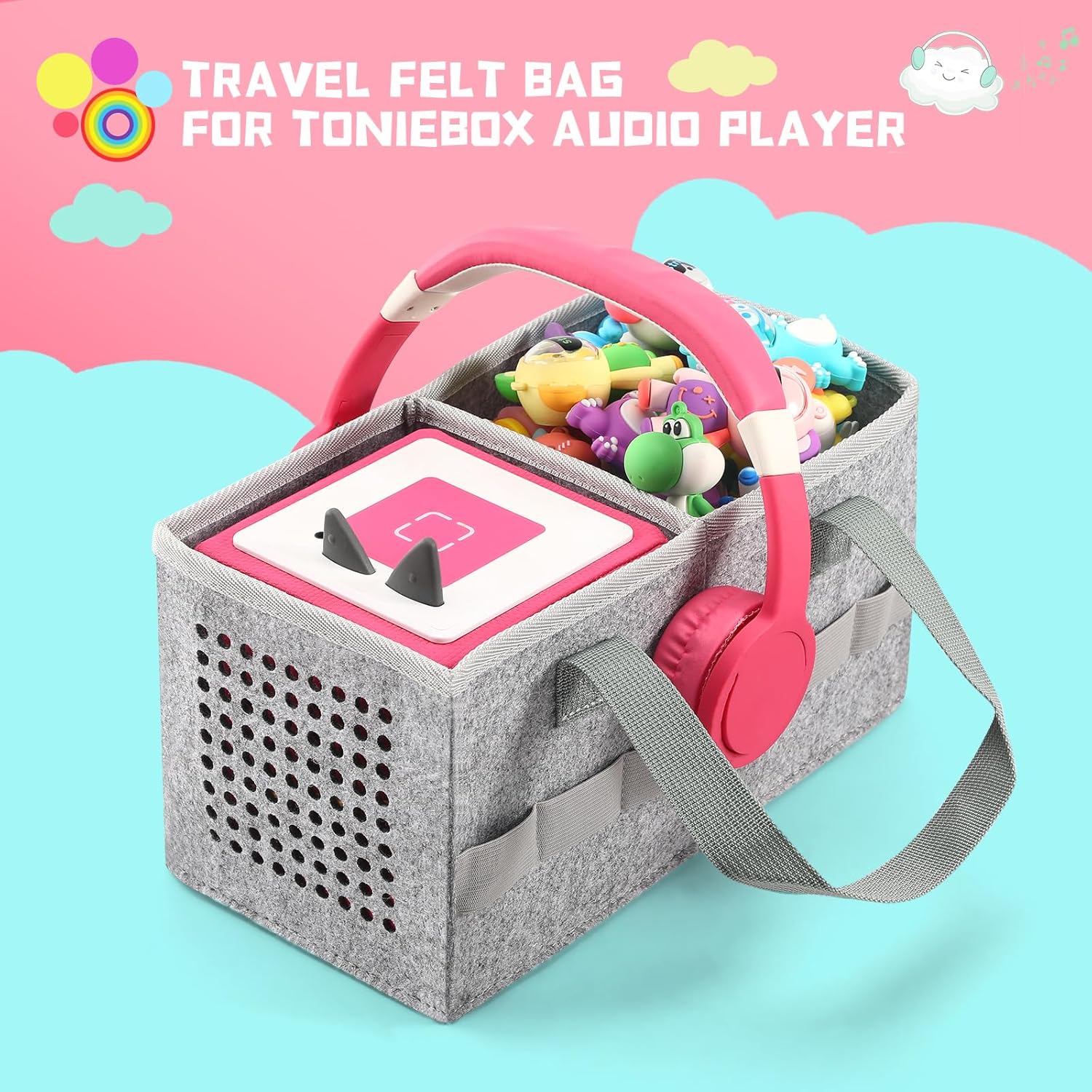 Detalle de Piaclen Carrying Case for Toniebox Audio Player & Figurines Starter Set (Felt Organizer Bag) — Grey