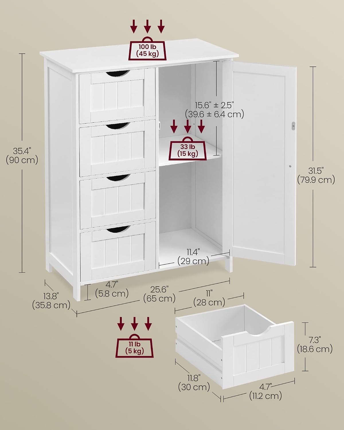 Detalle de VASAGLE LHC042W01 Bathroom Storage Cabinet, Cloud White, 4 Drawers