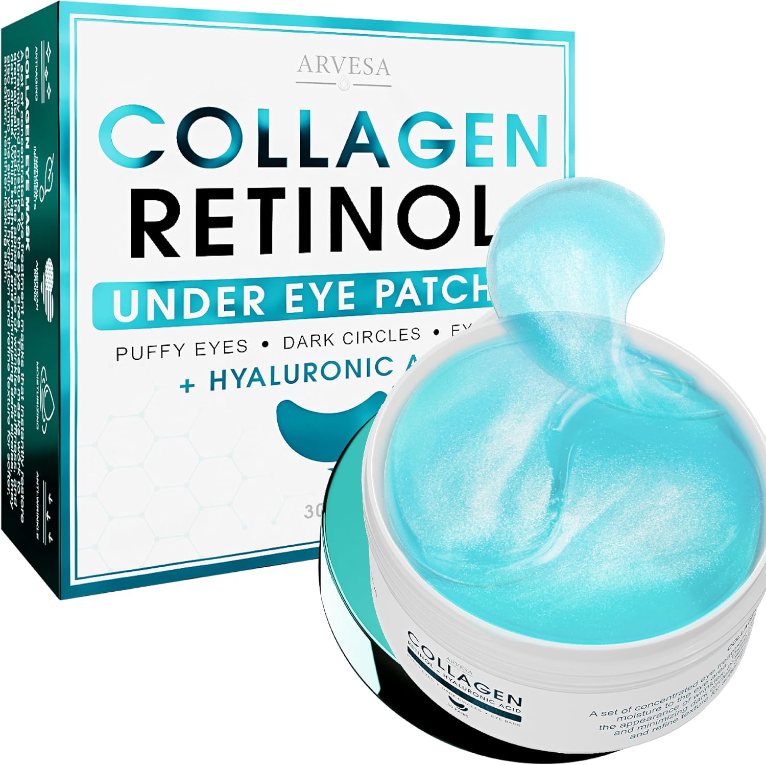 Detalle de Arvesa Under Eye Gel Patches with Retinol, Collagen & Hyaluronic Acid, 60 Pads