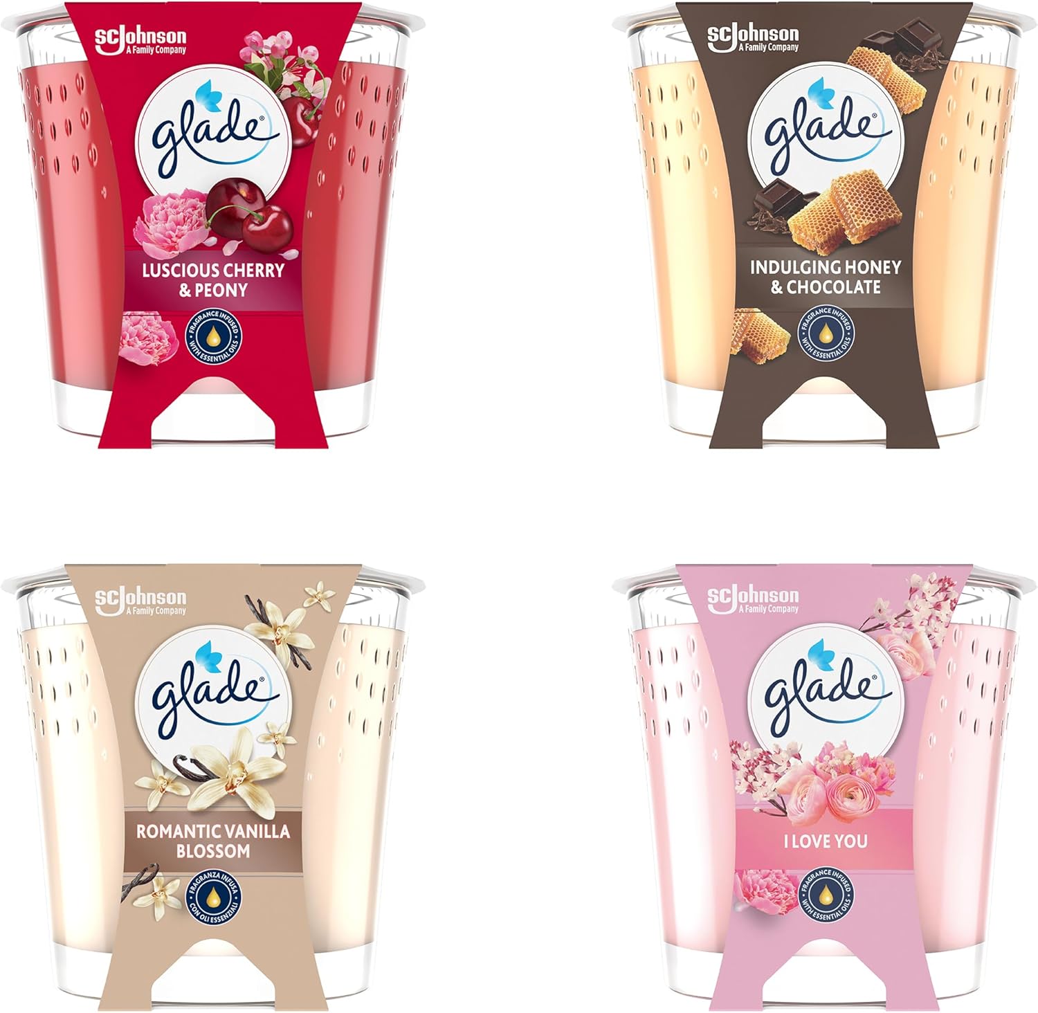 Detalle de Glade Confezione Regalo: Set di 4 Candele Profumate da 112 g in 4 Fragranze Esclusive