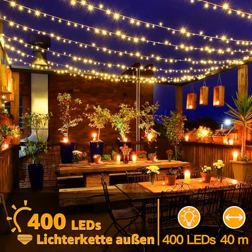 Detalle 2 de Ollny Außen-Lichterkette 40/80 m – 400 LED, IP44, dimmbar, 8 Modi, Timer