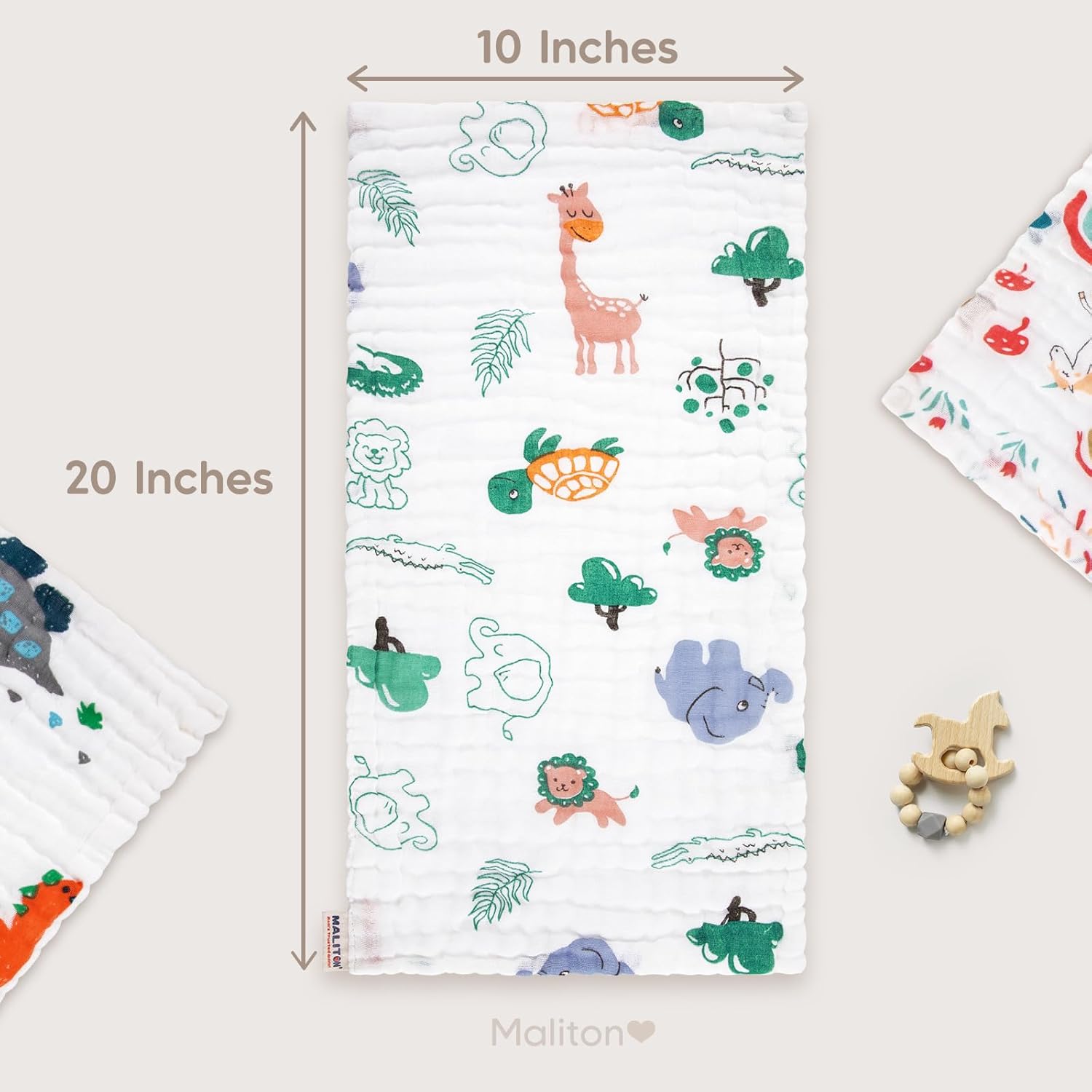 Detalle 2 de Maliton Muslin Cloths for Baby – 6 Pack 100% Cotton, 6-Layer Absorbent Burp Cloths (50x25cm) – Dino & Unicorn Collection
