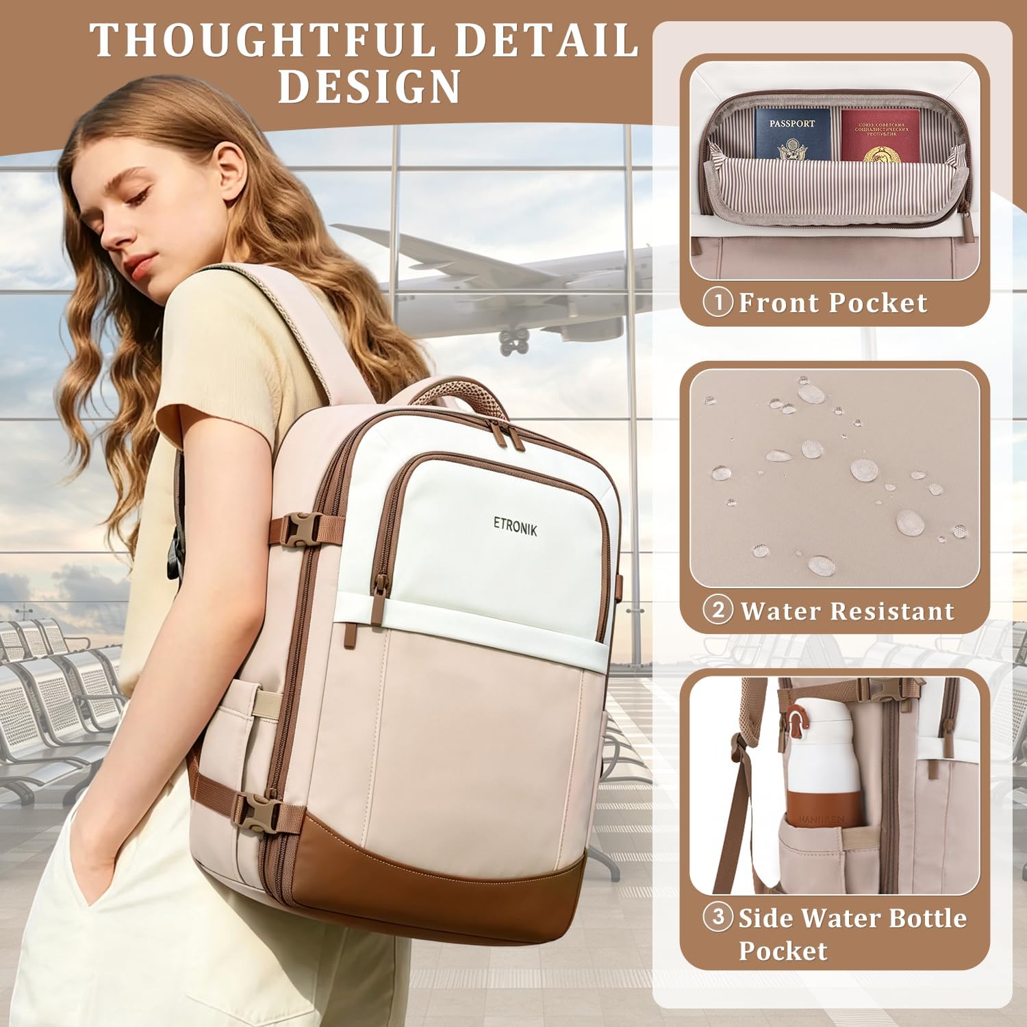 Detalle de ETRONIK Ryanair Cabin Bags 40x30x20 Underseat Expandable Travel Backpack – Khaki