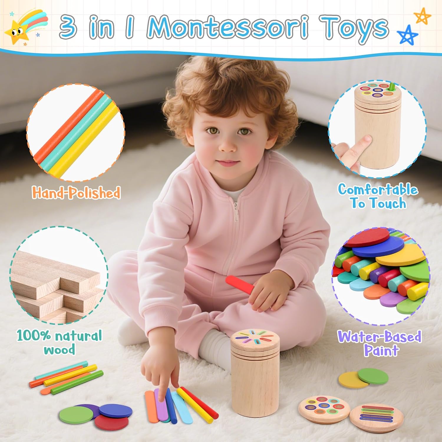 Detalle 2 de Montessori 3-in-1 Holzspielzeug ab 1 Jahr – Fördert Feinmotorik, Sinneswahrnehmung und logisches Denken