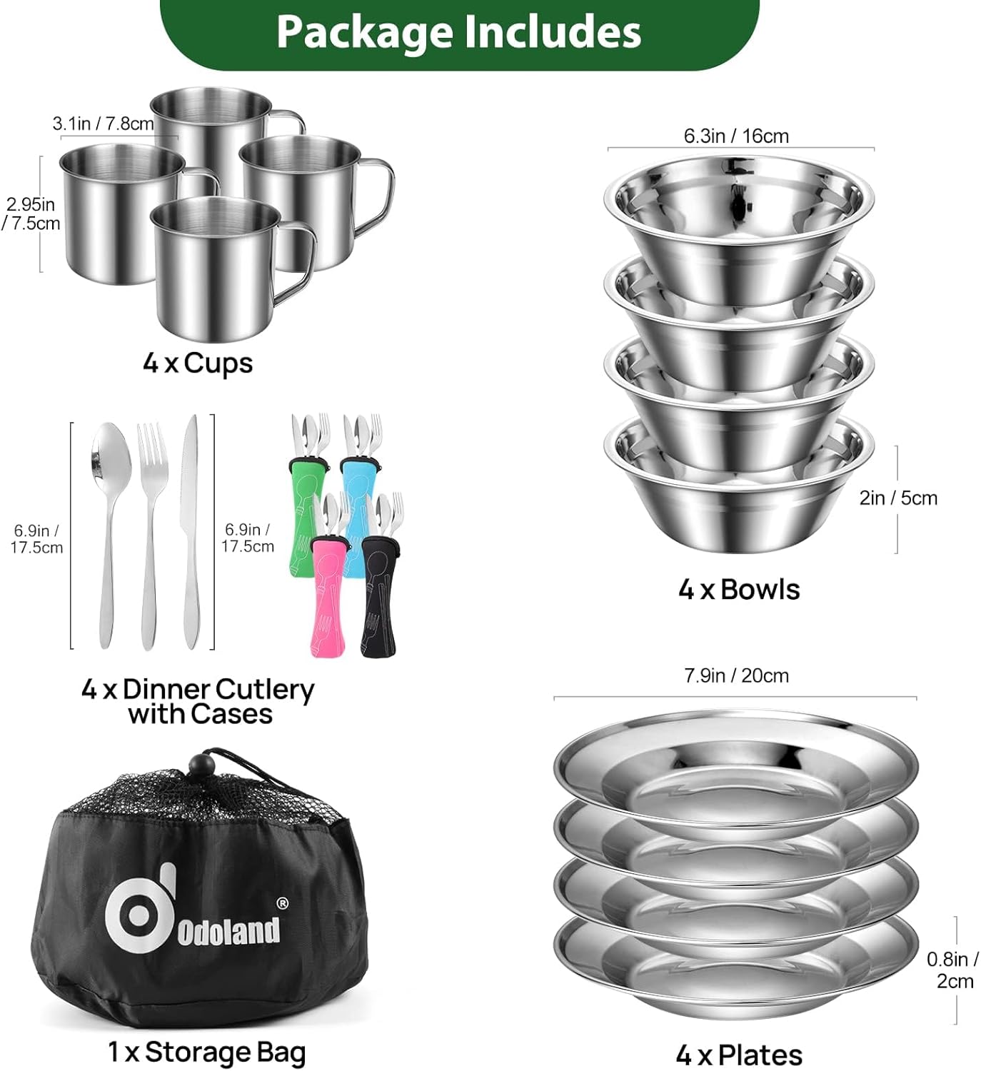 Detalle 2 de Odoland set stoviglie da campeggio per 4 persone in acciaio inox (29 pezzi) con borsa in rete