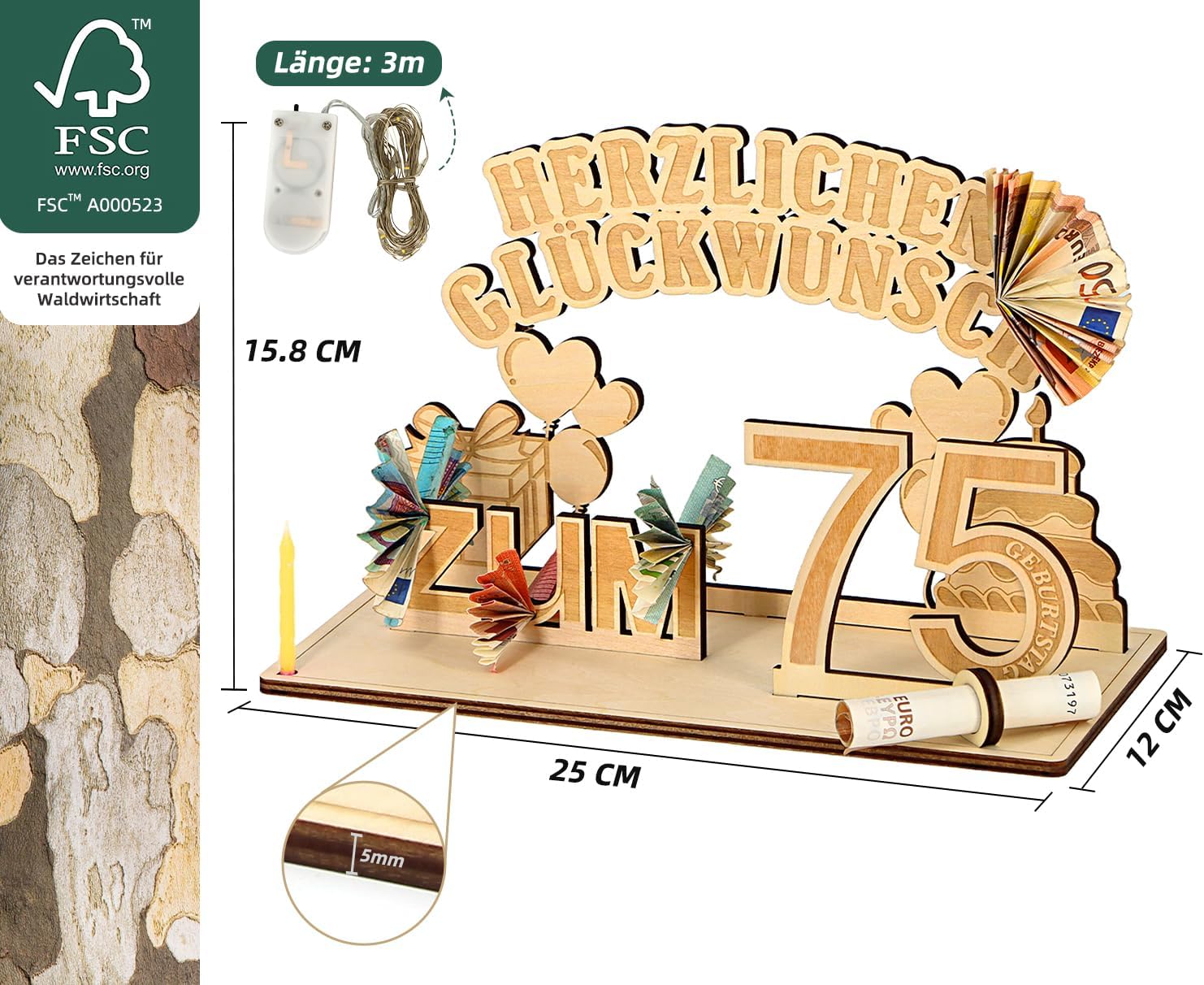 Thumbnail 4 de Giftota Original 75. Geburtstag Geldgeschenk aus Holz mit LED-Lichterkette – 3 m